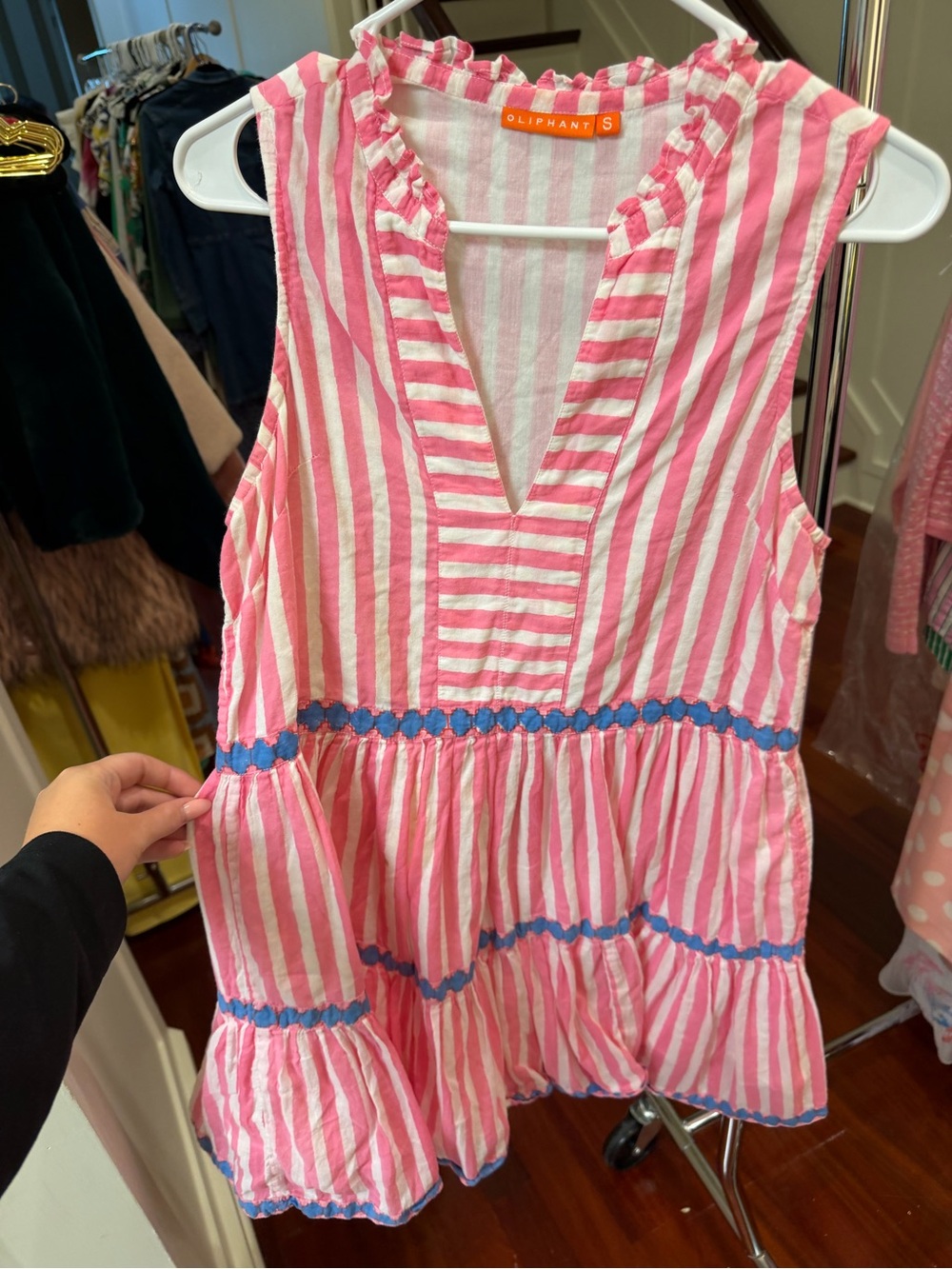 Oliphant Pink and White Striped Mini Dress with Blue Trim